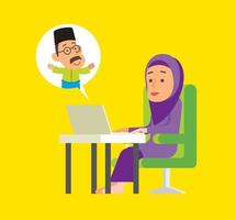 Malay woman online meeting with client with notebook on desk vector