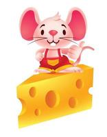 Cartoon cute mouse shows thumb up hand and standing on big Swiss cheese vector