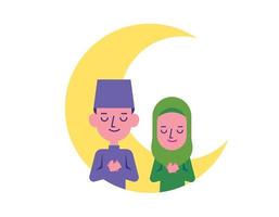 hombre y mujer musulmanes rezando juntos con las manos delante de la luna grande