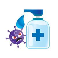 Cartoon coronavirus Covid19 character is afraid of sanitiser dropping out on it vector