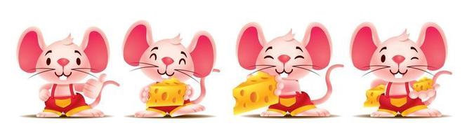 Cartoon cute mouse set with big ears holding large Swiss cheeses and thumb up in different poses vector