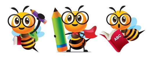 Cartoon cute bee back to school set with holding a huge learning book and big pencils or Superhero Bee wear cloak holding pencil vector