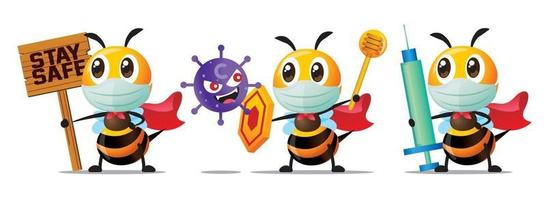 Cute superhero bees wearing surgical masks and holdings syringe needle or shield or Stay Safe wooden signboard to fight with Covid19 virus and bacteria vector