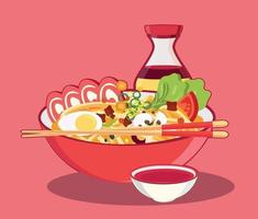 Sopa tradicional china con fideos, fideos ramen japoneses vector