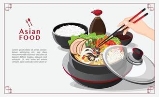 Sukiyaki en olla caliente en la mano del restaurante sosteniendo palillos comiendo ilustración de vector de shabu