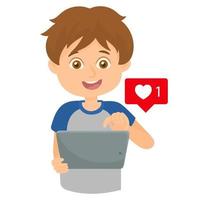 Boy using tablet looking touching the screen vector