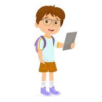 Boy using tablet looking touching the screen vector