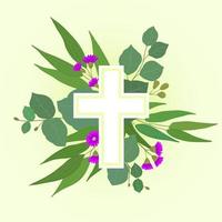 cruz cristiana de hojas verdes y flores vector