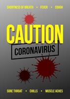 Plantilla de banner de fondo de coronavirus folleto gris sobre carteles de atención de síntomas de virus peligrosos vector