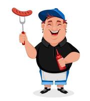 BBQ Young cheerful man cooks grilled sausages vector