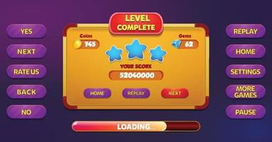 Level selection game menu scene with buttons  loading bar and stars Pro Vector