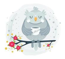 Cute owl sitting on branch and drinking coffee vector