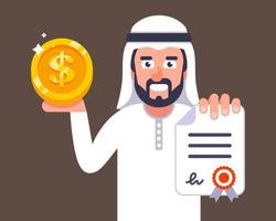 Arab businessman offers to conclude a contract job invitation to dubai flat vector character illustration