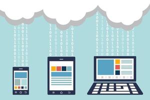 smartphone  tablet and laptop were connected to cloud server  transfer data  binary number system  1 0  technology and modern device concept  flat design vector