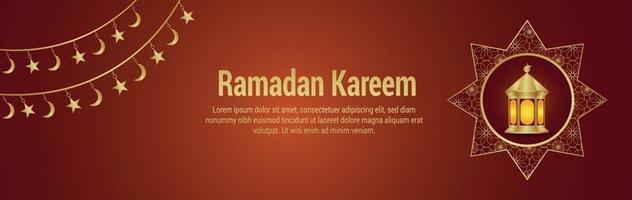 Ramadan kareem islamic festival invitation banner or header with pattern lantern and mosque vector