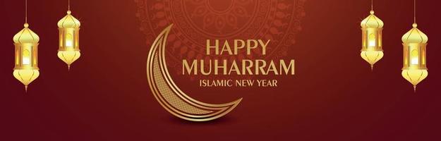 Happy muharram banner or header with creative golden lantern vector