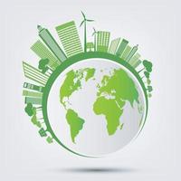 La ecología y el concepto ambiental símbolo de la tierra con hojas verdes alrededor de las ciudades ayudan al mundo con ideas ecológicas vector