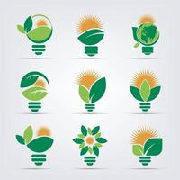 símbolo ecología bombilla logotipos de verde con sol y hojas icono de elemento de naturaleza vector