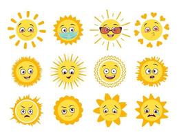 Iconos de sol con diferentes emociones máscara médica y gafas aisladas sobre fondo blanco símbolo de primavera y verano vector