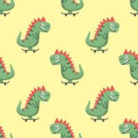 Seamless pattern vector illustration with funny cheerful cartoon dino riding skateboard on yellow background