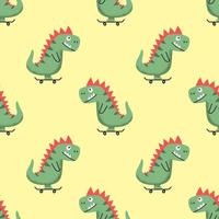 Seamless pattern vector illustration with funny cheerful cartoon dino riding skateboard on yellow background