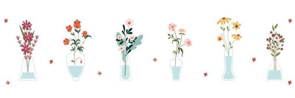 Set of bright spring blooming flowers in vases and bottles isolated on a white background A bunch of bouquets  Set of decorative floral design elements Cartoon flat vector illustration