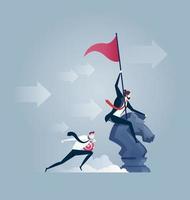 Businessman riding a chess horse with flag in hand. Business fighting, strategy, competition, Leadership. vector
