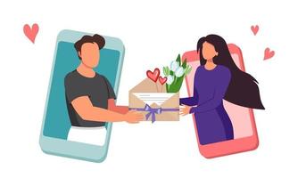 amor virtual y regalo a distancia hombres y mujeres enamoradas envían flores en un sobre a través del chat a través de una aplicación en un teléfono móvil expresando amor felicitando vector