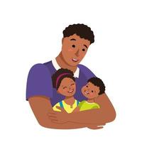 Dad hugs his son and daughter. Happy family. The man spends time with the children. International father day, men day. Education and care. Vector flat cartoon illustration people