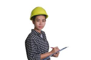 Asian woman in hard hat white background photo