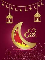 Eid mubarak golden moon and lantern on red flyer vector