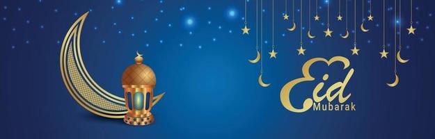 Banner de celebración de eid mubarak o encabezado con luna y linterna de patrón dorado vector