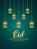 Islamic festival eid mubarak invitation party flyer with realistic golden lantern vector