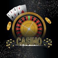 Casino gambling game with vector illustration of roulette playing cards and dice