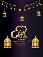 Eid mubarak islamic realistic vector illustration with golden lantern