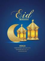 Realistic golden pattern moon and islamic lantern of eid mubarak on blue background vector