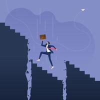 Businessman walking up the stairs while staircase is collapsing and falling down. Business career metaphor concept vector