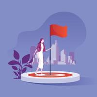 Businesswoman with flag standing on a target as a metaphor of achievement vector