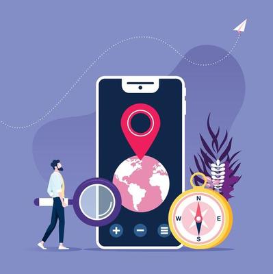 Businessman with smartphone and mobile navigation app, destination point pin