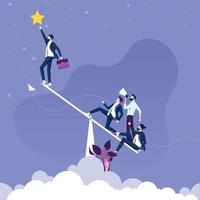 Businessman uses a seesaw to get a star. Teamwork concept vector