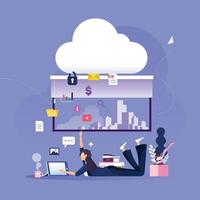 Businesswoman places data to protected cloud data storage. Business technology concept vector