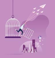 Freedom concept. Businessman escapes from birdcage by paper plane vector