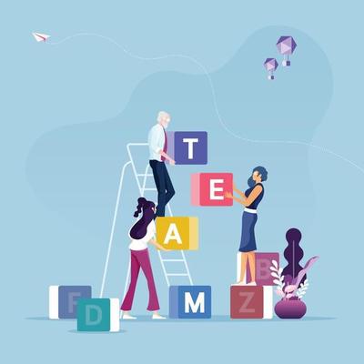 Group of business people carrying cubic box with team word. Concept of teamwork