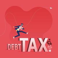 Businessman jumping over debt and tax word. Overcoming debt and tax concept vector