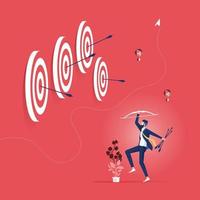 Successful businessman hits many target with bow and arrow. Business success concept vector