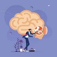 Idea Research Concept. Businessman with magnifying glass looking inside a brain vector