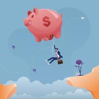 Businessman hanging on a large piggy bank balloon across the cliff. Business saving concept