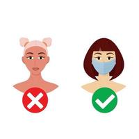 Sign You are not allowed to enter without a mask Warning about wearing a mask in public places A girl with and without a mask vector