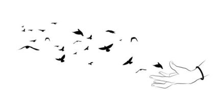 pájaros volando y siluetas de mano sobre fondo blanco ilustración vectorial