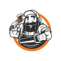 bearded lumberjack mascot hold the axe and saw vector